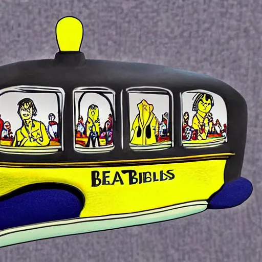 Prompt: a yellow submarine with the word Beatles engraved on the side.