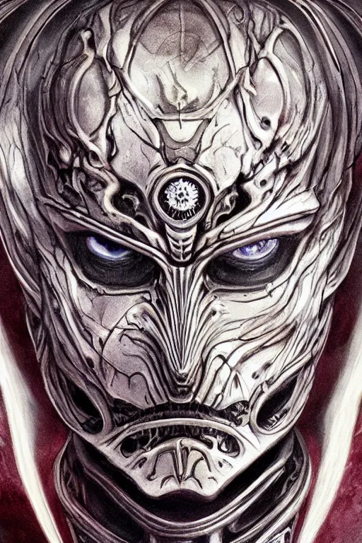 Image similar to Elden Ring and Star Wars themed painting of majestic crimson biomechanical satanic infernal demon human hybrid beautiful undead angel symmetrical angry mask closeup face angry mask closeup tattoo pattern golden ratio concept, Neo-Gothic concept, infinity glyph waves, intricate artwork masterpiece, very coherent artwork, cinematic, full frontal facial features by Artgerm, art by H.R. Giger, Takato Yamamoto, Zdizslaw Beksinski, Johnatan Wayshak, Moebius, Ayami Kojima, very anatomically coherent artwork, trending on cgsociety, ultra high quality model, production quality cinema model, high detail chromatic ink outline, octane render, unreal engine 8k, hyper realism, high detail, octane render, unreal engine, 8k, High contrast