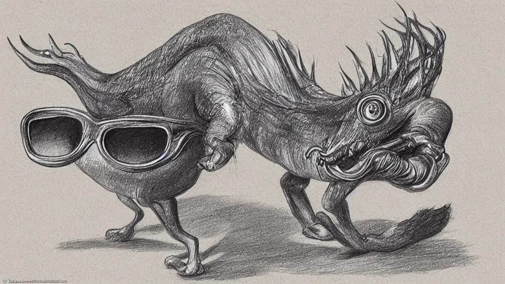 Prompt: “a drawing from an old encyclopedia depicting an unusual creature wearing a sunglasses”