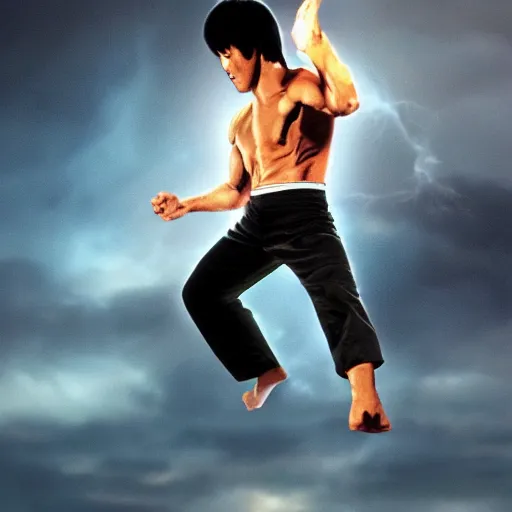 Prompt: Bruce Lee doing a kick in front of a lightning striking in the background,HD, high resolution, hyper realistic, 4k, intricate detail