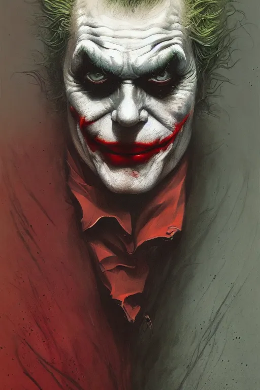 Image similar to Portrait of Joker, dc comics, dark, intricate, smooth, artstation, painted by Wayne Barlowe, Zdislav Beksinski