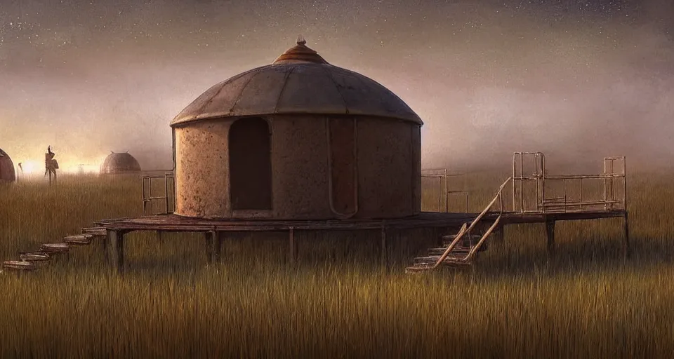 Prompt: night, stars shining, a yurt, in the steppe, summer field, misty background, in background a rusty building construction of spiral upside - down stairs!!, from the game pathologic 2, highly detailed, sharp focus, matte painting, by isaac levitan and asher brown durand,
