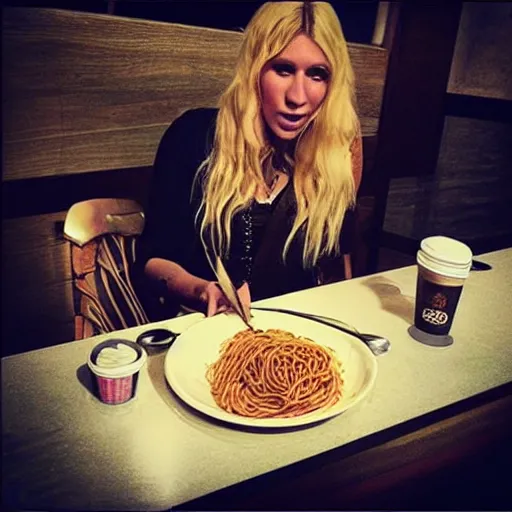 Image similar to “Kesha eating spaghetti in a Starbucks”