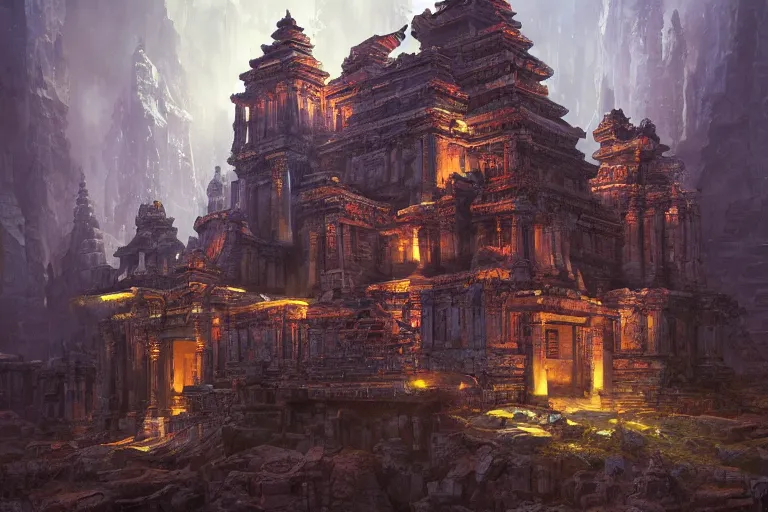 Image similar to the ancient temple, in the style of stephan martiniere and vicente segrelles, trending on artstation, back lighting tilt - shift cottagecore, abstract illusionism, movie poster, creature concept art, precisionism