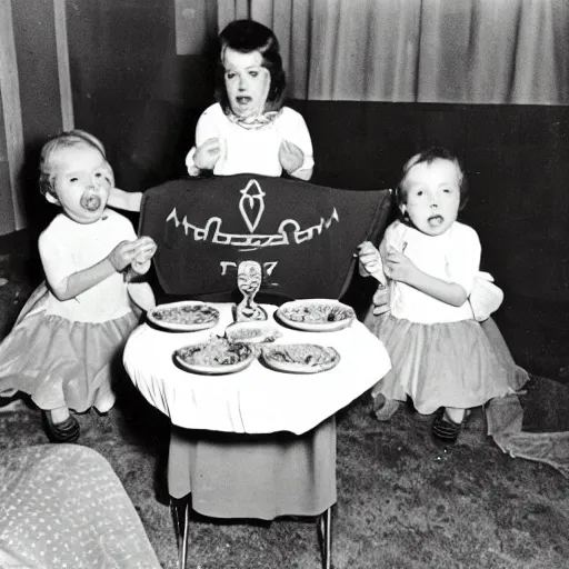 Image similar to occult satanic food ritual, family photo, 1 9 6 0 s, kodachrome