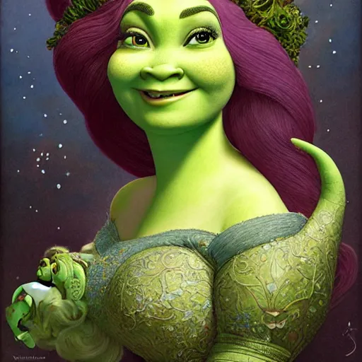 Image similar to a beautiful detailed front view portrait of princess fiona from shrek with ornate growing around, ornamentation, flowers, elegant, beautifully soft lit, by wayne barlowe, peter mohrbacher, kelly mckernan,