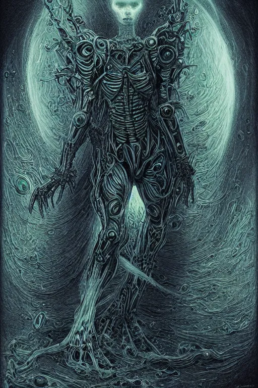 Image similar to a fire biomechanical dancer by artgem and les edwards, gustave dore, highly detailed, high contrast, light reflection, trippy, nebula, trending on artstation