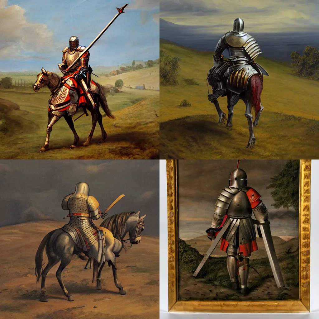 Prompt: painting of a medieval knight on a lonely battlefield, full growth from the back, high detailed