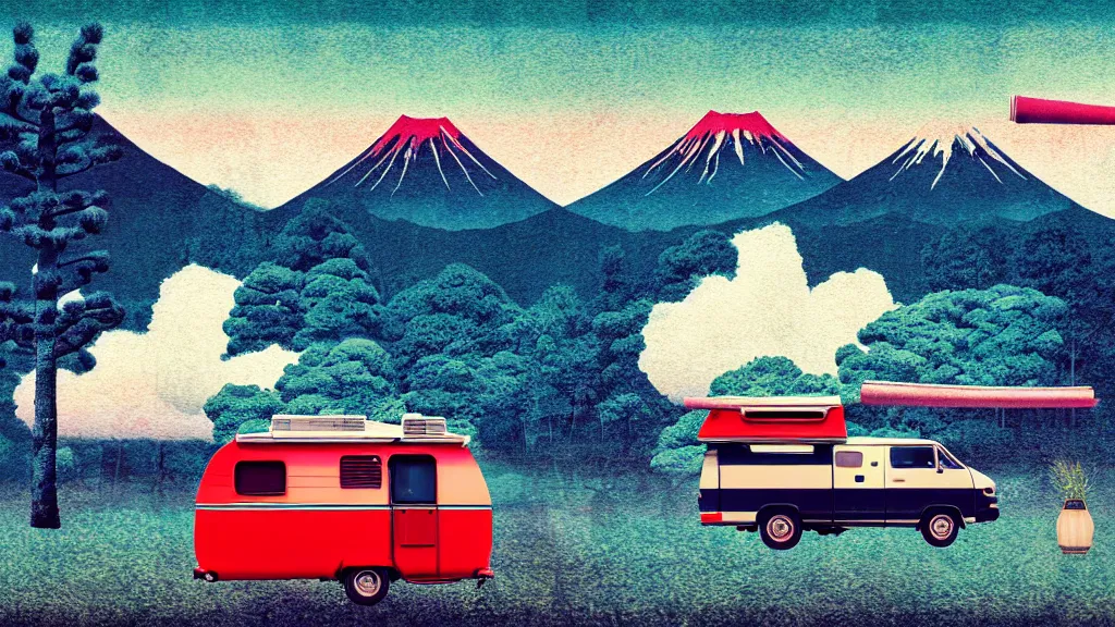 Image similar to japan various natural splendor and rural camper touring, a representational non - abstract collage painting, in the style of wes anderson, lola dupre, david hockney, isolated on negative space background dark monochrome neon spraypaint accents volumetric octane render