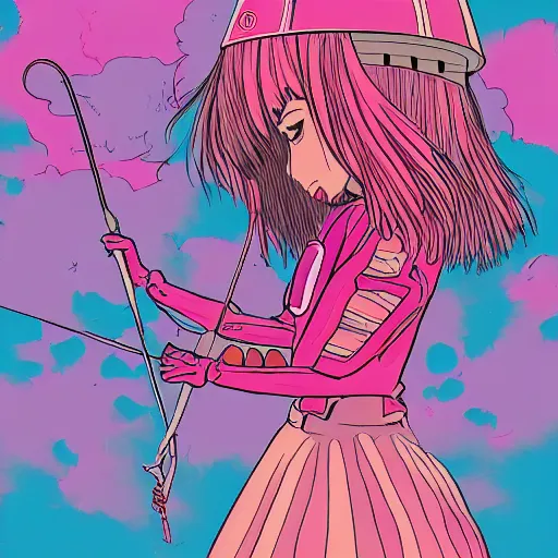 Prompt: a woman named yoshimi battles pink robots, illustrated, detailed