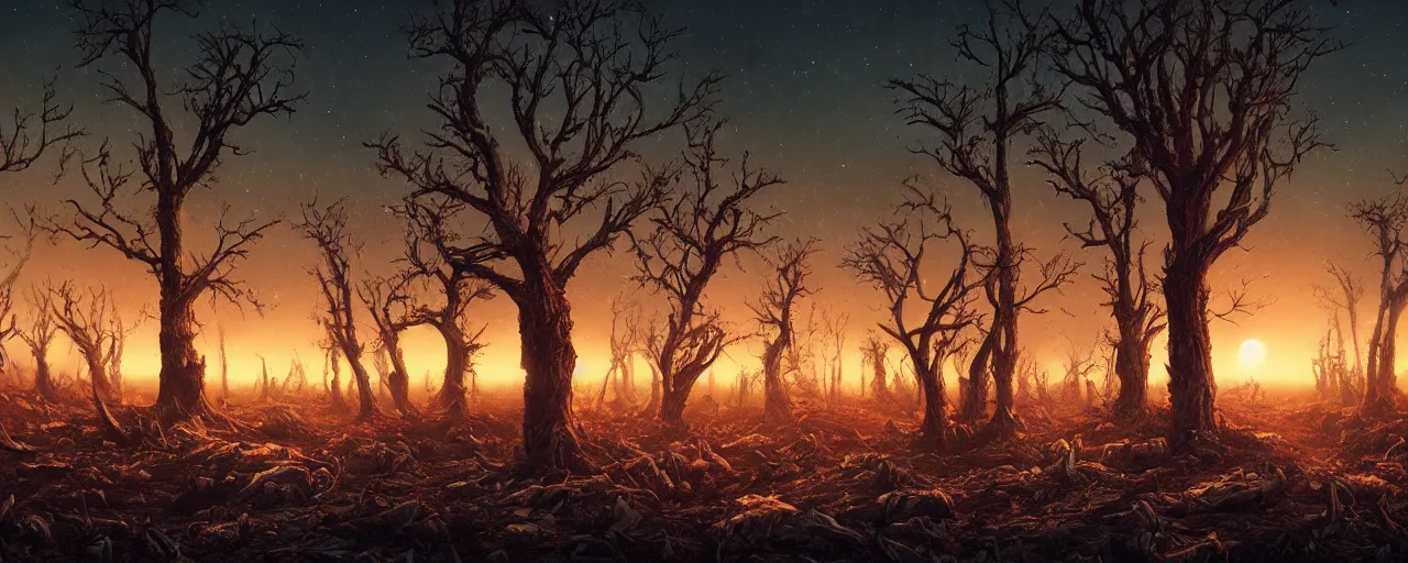 Prompt: ” barren landscape with dead trees at night, [ cosmic, cinematic, detailed, epic, widescreen, opening, establishing, mattepainting, photorealistic, realistic textures, octane render, art by slop and paul lehr ] ”