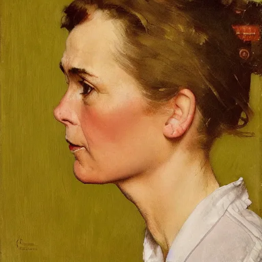 Image similar to head and shoulders portrait of woman, fully clothed, three quarter profile, norman rockwell, jacob collins, tom lovell, frank schoonover