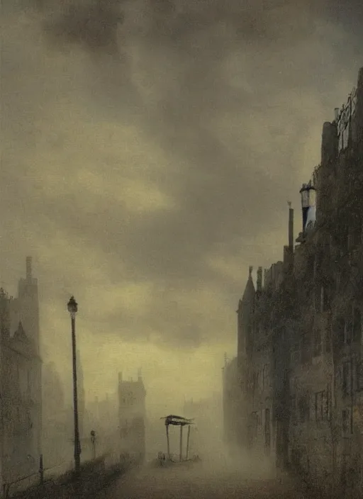 Image similar to 1 9 th century london, dark, shady alleys, pub, pub sign, thick fog, coherent composition, art by caspar david friedrich, thomas lawrence, john martin