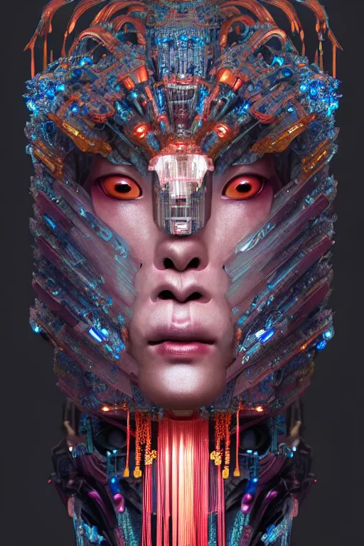 Image similar to asura from chinese myth, ghost, gorgeous and huge head ornaments, dystopian, cyberpunk, organic fractal mycelum and fungi, mecha, halfturn portrait of a big crystal face made of crystals half - turn, ominous, intricate, studio, art by anthony macbain + greg rutkowski + alphonse mucha, concept art, 4 k, sharp focus