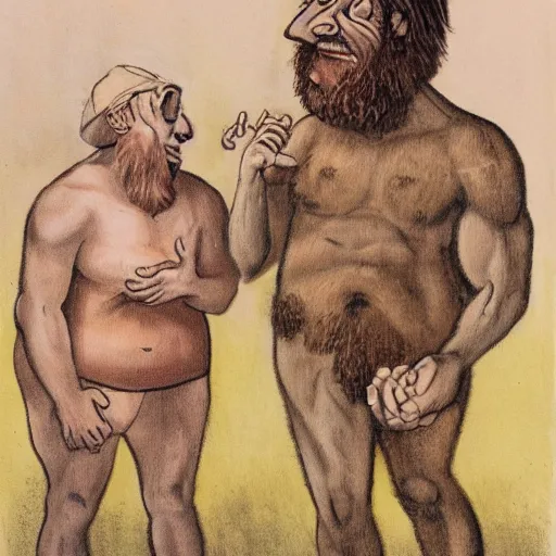 Image similar to one neanderthal saying bruh to another, holding a mushroom, both shocked