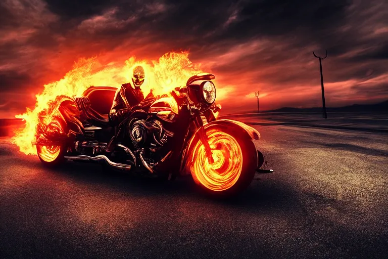 Prompt: Ghost Rider staring into your soul, dramatic lighting, highly stylized, headshot photo, high quality wallpaper, desktopography