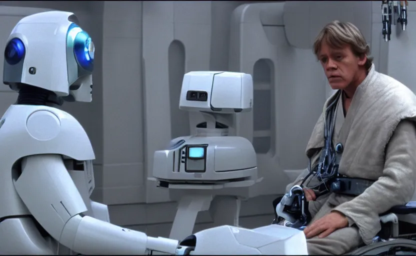 Prompt: cinematic still image screenshot portrait luke skywalker in cybernetic wheel chair talking to a lonely medical droid, from the tv show on disney + anamorphic lens, photo 3 5 mm film kodak from empire strikes back crisp 4 k imax, beautiful image, window into space behind them