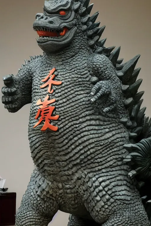 Image similar to godzilla as a chinese acupuncture model, chinese acupuncture model in the shape of godzilla