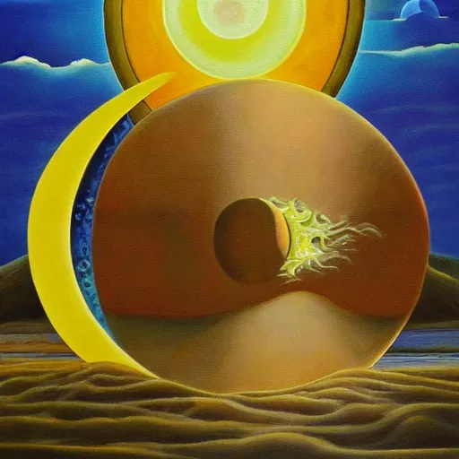 Prompt: sun and moon, surrealism, oil on canvas, high detail, masterpiece