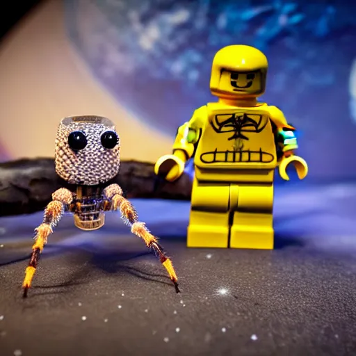 Image similar to lego astronaut with real live spider ( eos 5 ds r, iso 1 0 0, f / 8, 1 / 1 2 5, 8 4 mm, postprocessed, bokeh )