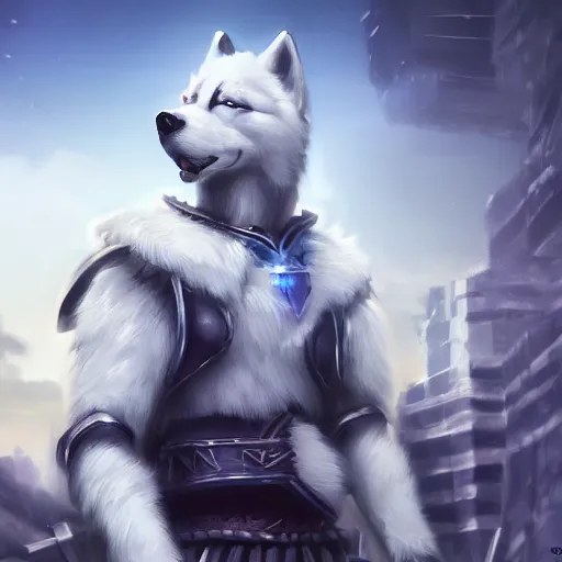 Image similar to /imagine prompt: white building barrack siberian anthro husky warrior with crusade armor and blue torus cyberpunk, cinematic light, cinematic epic ,octane 4k, 8k, detailed, ultra realistic, anime., centered