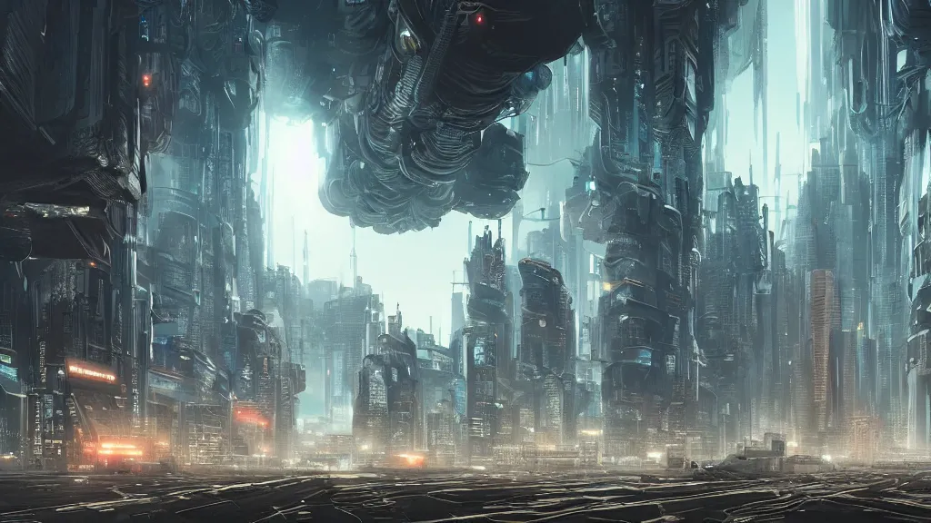 Image similar to a vast alien city, bustling and alive, futuristic, biological, cyberpunk, sinister, lightening and smog, dust, ultra realistic, hyper detailed, concept art, cinematic, wide lens,