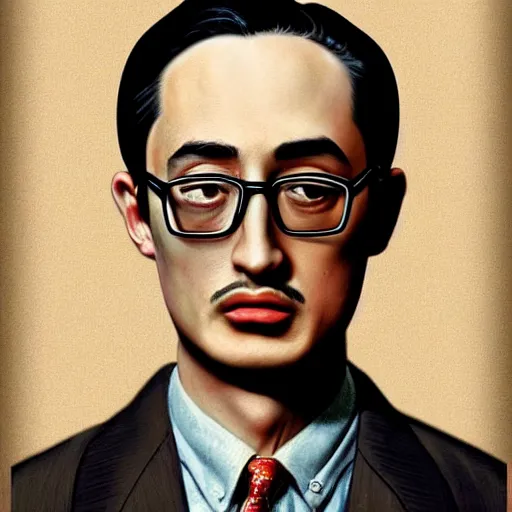 Image similar to A 1950s Colorized Style Poster of Filthy Frank, grainy, realistic, hyperrealistic, very realistic, very very realistic, highly detailed, very detailed, extremely detailed, detailed, digital art, trending on artstation, detailed face, very detailed face, very detailed face, realism, HD Quality, 8k resolution, intricate details, body and head in frame, drawing, inked drawing, poster drawing, neat drawing, 1950s, 50s, in the style of Frank Hampson, in the style of Frank Bellamy, in the style of Dave Gibbons, in the style of Don Lawrence, in the style of Wally Wood, Colorized, 1950s Poster