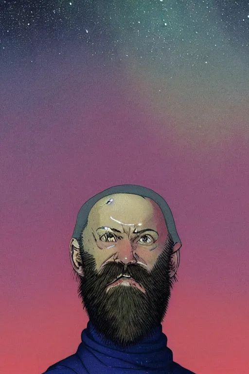 Image similar to a colorful closeup portrait of a young bald man with a very long wild beard dreaming psychedelic hallucinations in the vast icy landscape of antarctica, by kawase hasui, moebius and edward hopper, colorful flat surreal design, hd, 8 k, artstation