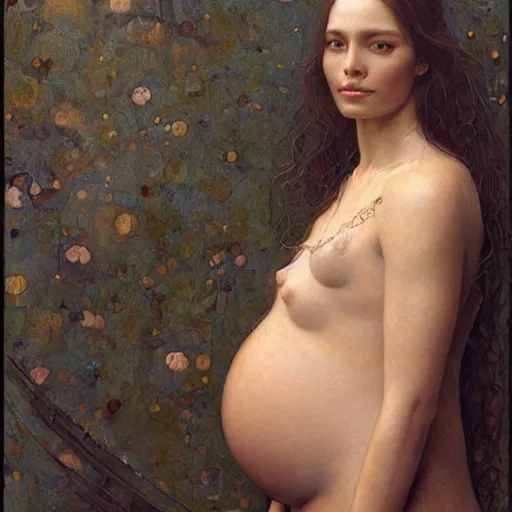 Prompt: epic masterpiece full body portrait a beautiful pregnant woman with tears on her face, beautiful face and flawless skin, by Edgar Maxence and Ross Tran and Michael Whelan