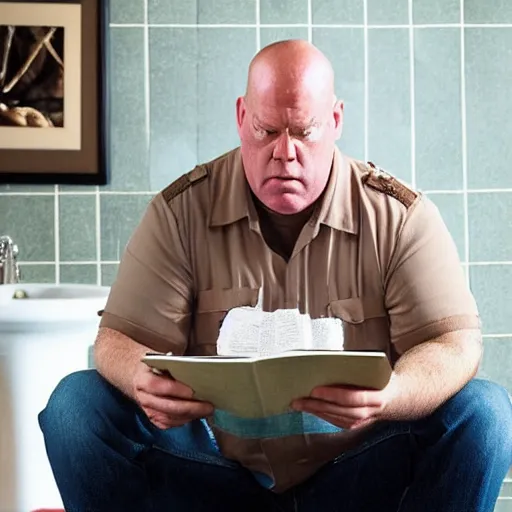 Prompt: a picture of hank schrader with a confused expression sitting on a toilet, reading a book