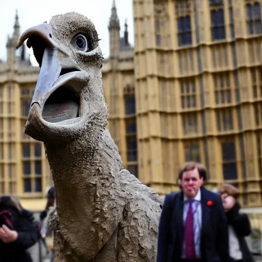 Prompt: a stone sculpture of boris johnson riding an ostrich outside the houses of parliament