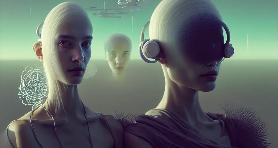 Image similar to portrait of yael shelbia and kang seul - gi, venus squid astronaut, symetrical facial, white hair, intricate design details. cyberpunk, touareg, by ruan jia and beeple. smooth gradients, deep space.