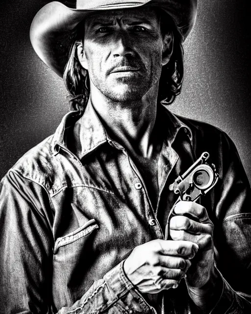 Prompt: portrait of cowboy holding revolver, detailed medium format photo, polaroid still, black and white, western, high production value, intricate details, high resolution, hyperrealistic, hdr, high definition, award winning photography, masterpiece, ultra realistic, highly detailed, hd, sharp focus, cinematic lighting, shaded, non blurry, sharp, smooth