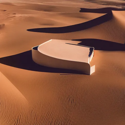 Image similar to A house designed by Miles Van Der Rohe in the middle of the sahara desert. Aerial View. Film Grain, cinematic. Brown sand. Full color. Magic Hour.