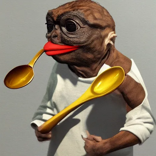 Image similar to pepe with a spoon, realistic, detailed, artstation