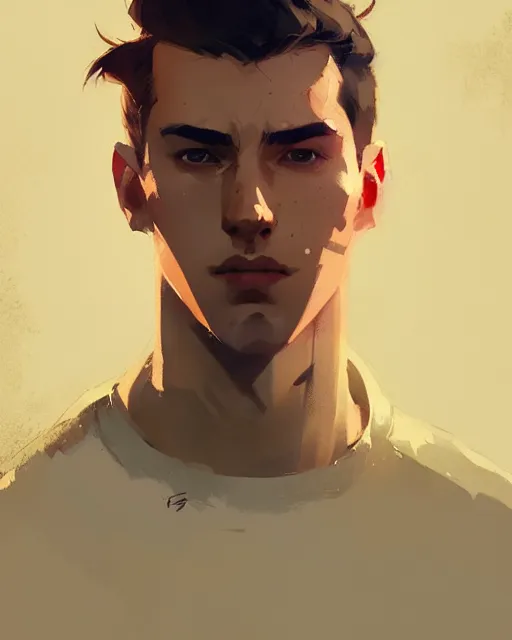 Image similar to hyper - realistic portrait of attractive brunet male by atey ghailan, by greg rutkowski, craig mullins, by greg tocchini, by james gilleard, by joe fenton, by kaethe butcher, dynamic lighting, gradient light yellow, brown, blonde cream and white color scheme, grunge aesthetic