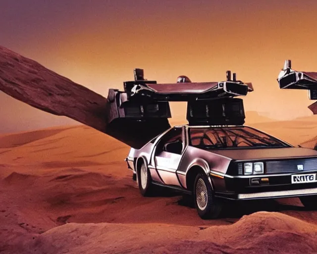 Prompt: doc brown and the delorean encounter the jawas on tatooine