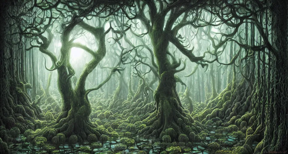 Prompt: A dense and dark enchanted forest with a swamp, by Naoto Hattori