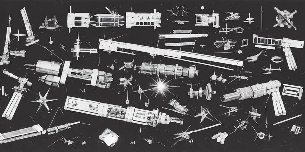 Prompt: knolling of ww 2 space laser weapons, archive photograph, 1 9 5 0's, sci - fi,