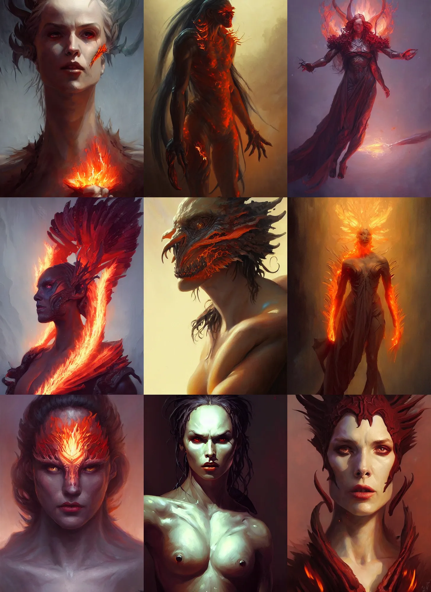 Prompt: fantasy art, artstation hq, a character oil on canvas portrait by gerald brom and greg rutkowski, a painting of a creature made of fire, masterpiece