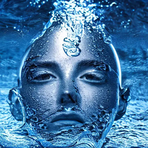 Image similar to water artwork manipulation in the shape of a human head, on the ocean water, ray tracing, realistic water sharp focus, long shot, 8 k resolution, cinematic, amazing water art