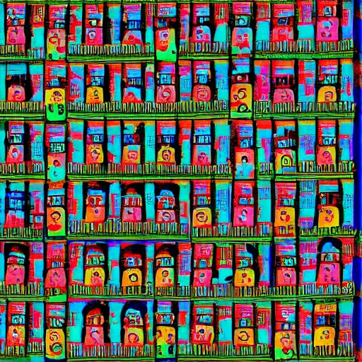 Image similar to a chinese prison, in the style of daniel johnston and outsider art, 8 k, line brush, minimal, brightly coloured, flat blocks of color, overlaid with chinese adverts