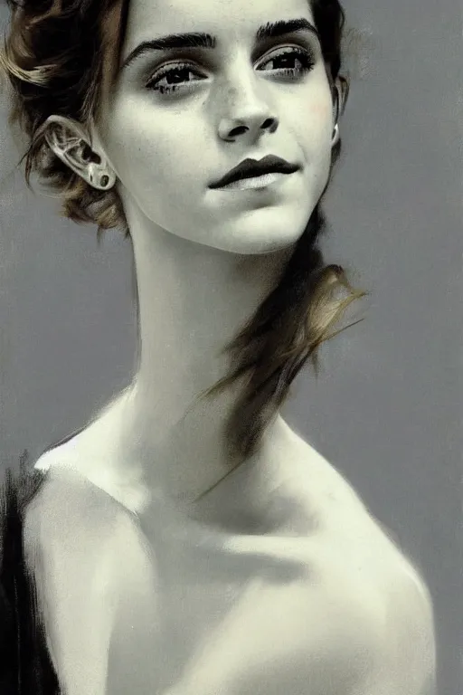 Prompt: emma watson smiling looking away detailed portrait painting by gaston bussiere craig mullins j. c. leyendecker photograph by richard avedon peter lindbergh