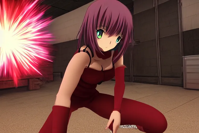 Image similar to an anime girl in a screenshot of the video game doom, the anime girl is crouching