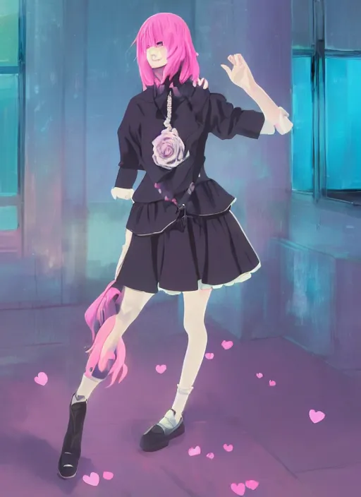 Prompt: young women, with pink hair, short black skirt, black leggings, blue shoes, cyan corset, with a cyan heart necklace. rich vivid colors, ambient lighting, dynamic lighting, 4k, official media, anime key visual, makoto shinkai, ilya kuvshinov, lois van baarle, rossdraws, detailed, trending on artstation