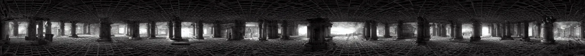 Image similar to photo of an immersive forgotten panopticon well, with columns and destroyed cybernetics from an ancient civilization, photorealistic, higly detailed dark, 3 6 0 picture, panorama, 3 5 mm slide, trending on flickr, in the style of, by francesca woodman, zachary corzine, zhelong xu, greg rutkowski and anders zorn