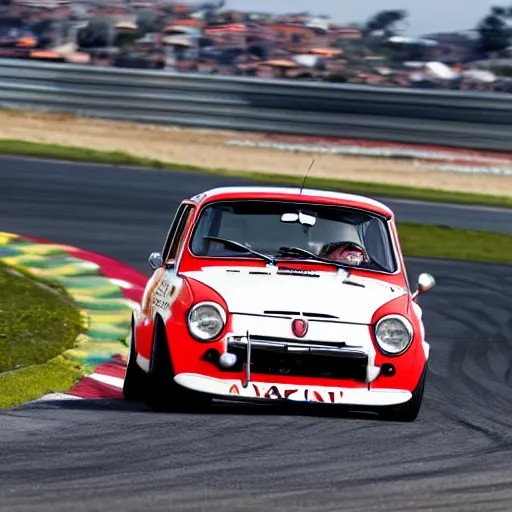 Prompt: A 1970 Abarth 695 SS driving on a race track