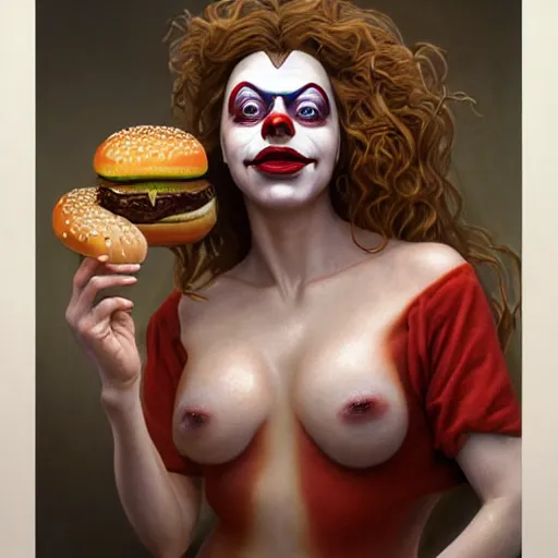 Prompt: portrait of chasey lain in clown makeup eating hamburgers, extra onions and ketchup, luscious patty with sesame seeds, ethereal, handsome, d & d, fantasy, intricate, elegant, highly detailed, digital painting, artstation, concept art, matte, sharp focus, illustration, art by artgerm and greg rutkowski and alphonse mucha