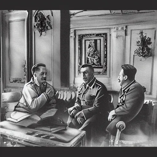 Image similar to god and the holy spirit conversing with hitler and stalin over coffee in a versailles garden