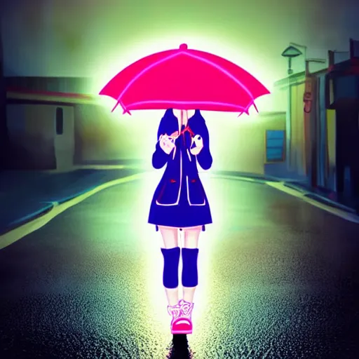 Image similar to a cute anime girl wearing a cat hoodie holding an umbrella walking in a neon lit street in the rain in the style of america mcgee's alice